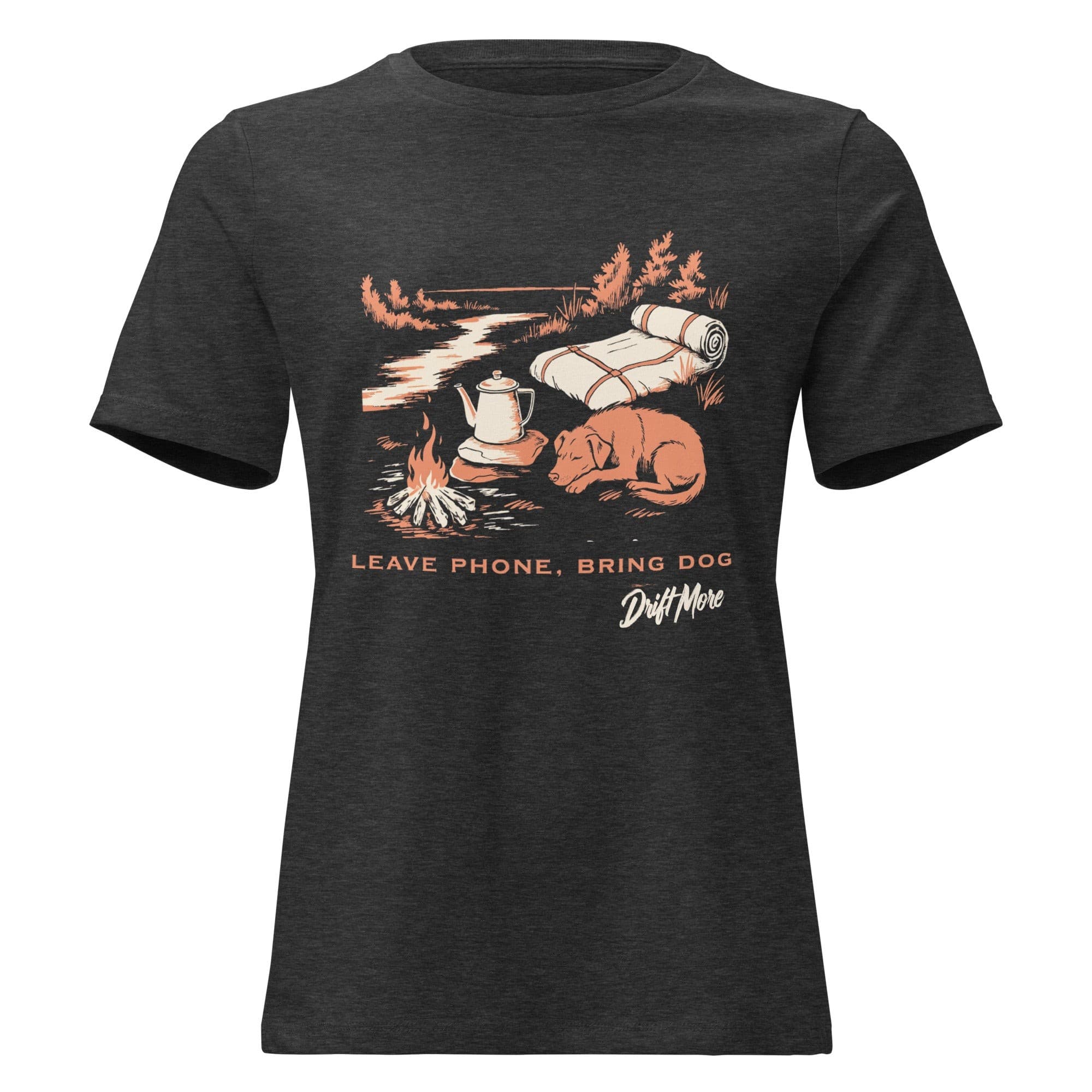 Leave Phone, Bring Dog Tee — Women's — Dark Grey Heather, garment view
